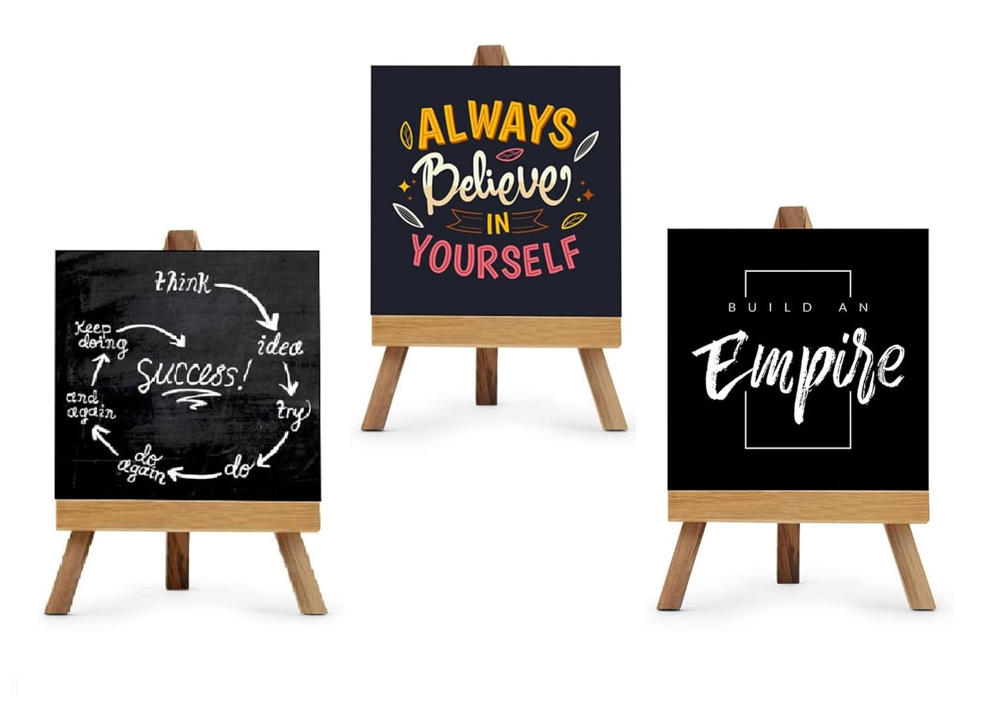 Table Decorative Showpiece (Combo of 3)| Always Believe in Yourself, Success & Build an Empire | Wooden Easel Stand with Motivational Quote for Office/Desk Decor/Home Decoration